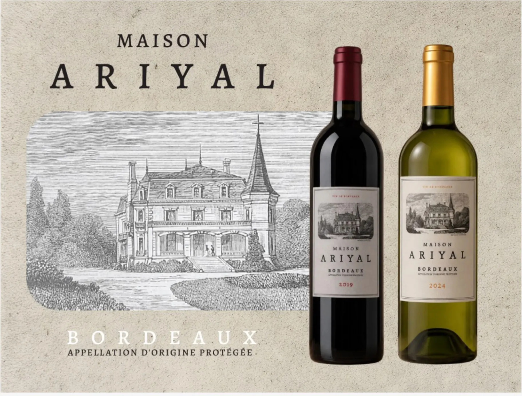 Maison Ariyal Bordeaux wine bottles